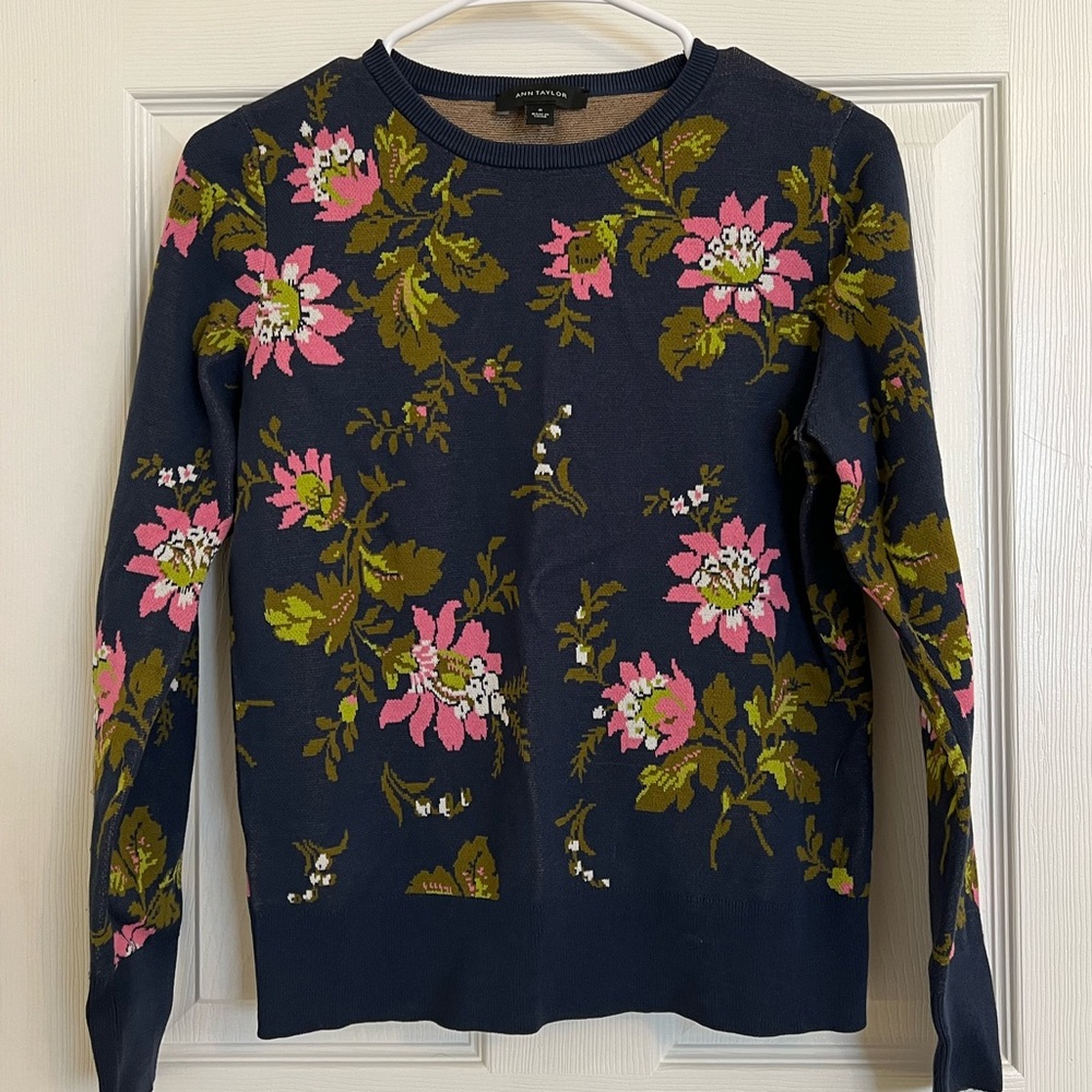Ann Taylor Navy Crewneck Sweater with Pink Floral Pattern - Picture 4 of 8